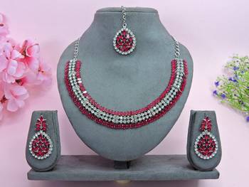 Pink color rhodium plating festive wear designer necklace set 1