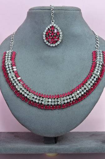Pink color rhodium plating festive wear designer necklace set