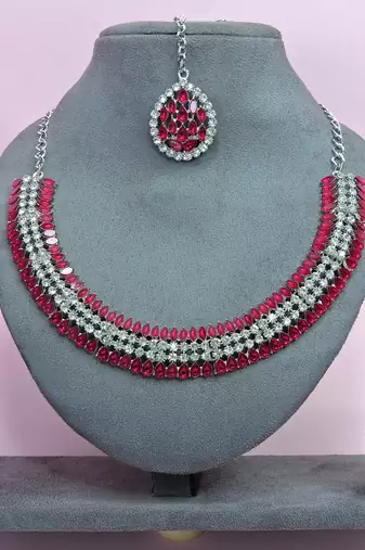 Pink color rhodium plating festive wear designer necklace set
