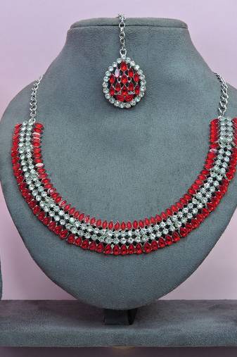 Red color rhodium plating festive wear designer necklace set