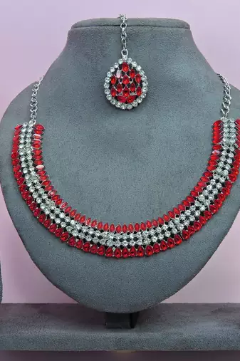 Red color rhodium plating festive wear designer necklace set