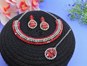 Red color rhodium plating festive wear designer necklace set 2