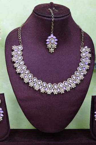 Purple color yellow gold plating festive wear designer necklace set