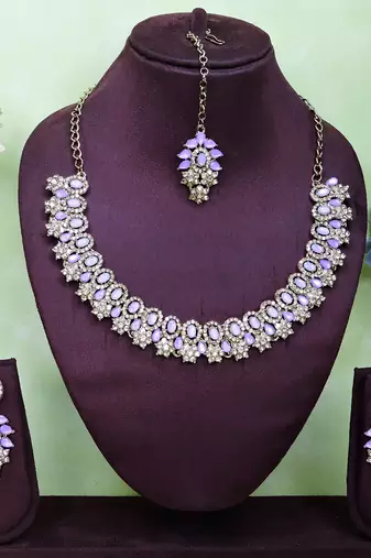 Purple color yellow gold plating festive wear designer necklace set