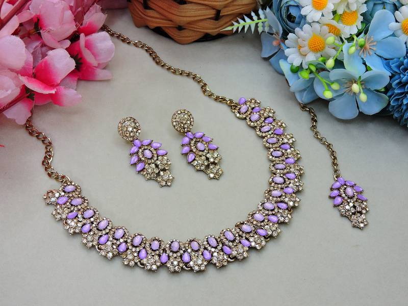 Purple color yellow gold plating festive wear designer necklace set