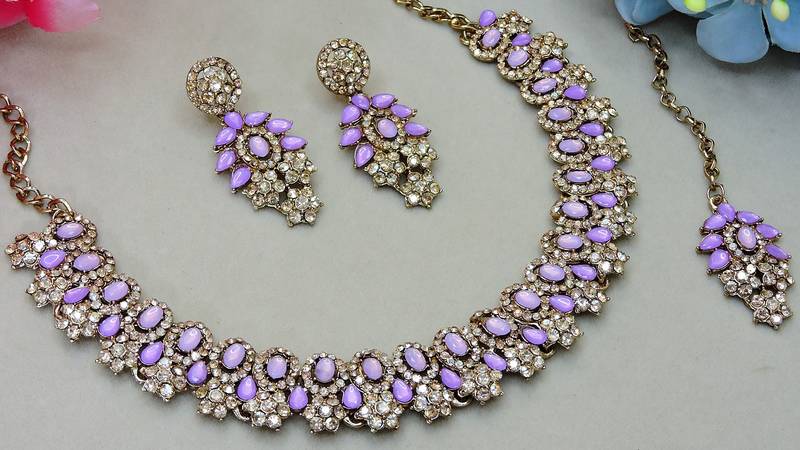 Purple color yellow gold plating festive wear designer necklace set