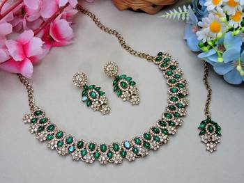 Green color yellow gold plating festive wear designer necklace set 2