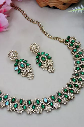 Green color yellow gold plating festive wear designer necklace set