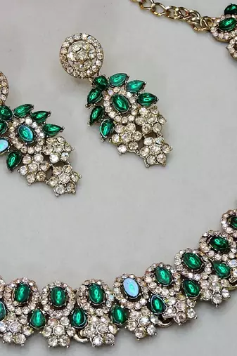 Green color yellow gold plating festive wear designer necklace set