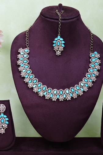 Green color yellow gold plating festive wear designer necklace set
