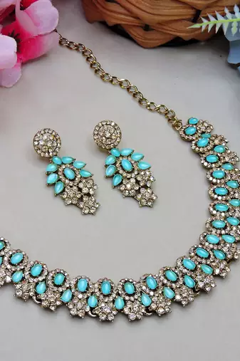 Green color yellow gold plating festive wear designer necklace set
