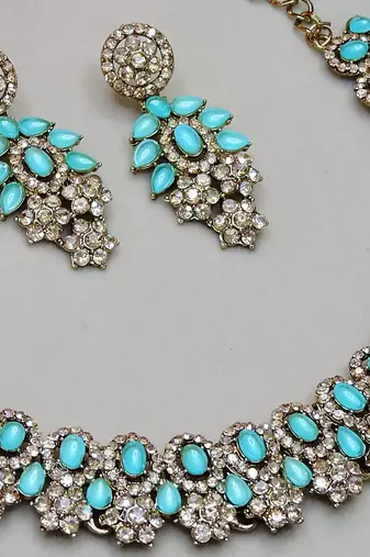 Green color yellow gold plating festive wear designer necklace set