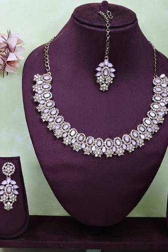 Pink color yellow gold plating festive wear designer necklace set