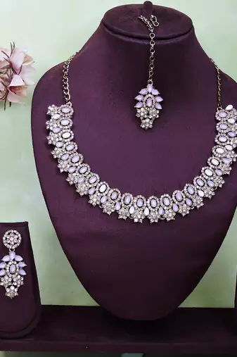 Pink color yellow gold plating festive wear designer necklace set