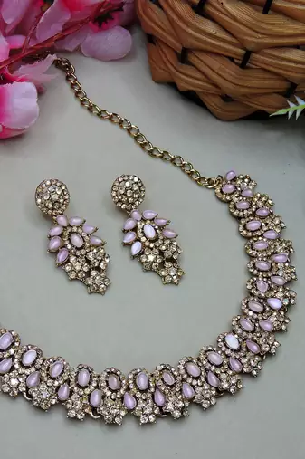 Pink color yellow gold plating festive wear designer necklace set