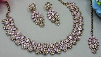Pink color yellow gold plating festive wear designer necklace set 3