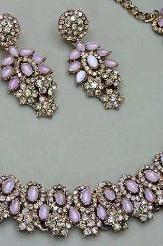 Pink color yellow gold plating festive wear designer necklace set