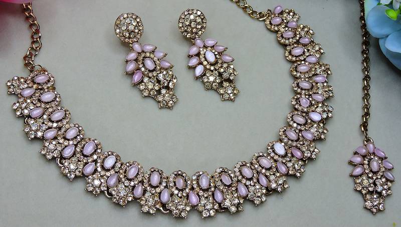Pink color yellow gold plating festive wear designer necklace set