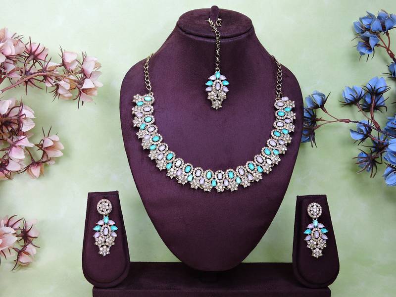 Green color yellow gold plating festive wear designer necklace set