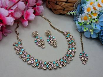Green color yellow gold plating festive wear designer necklace set 2