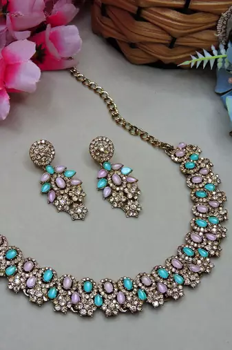 Green color yellow gold plating festive wear designer necklace set