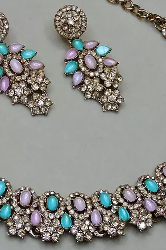 Green color yellow gold plating festive wear designer necklace set