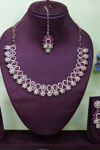 Purple color yellow gold plating festive wear designer necklace set