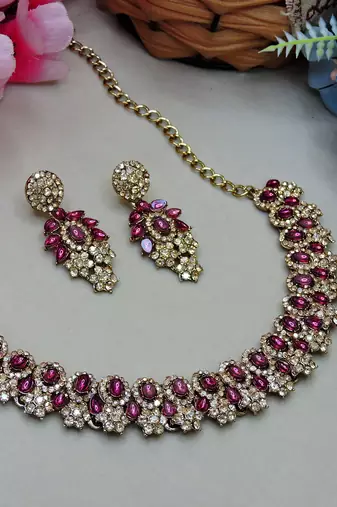 Purple color yellow gold plating festive wear designer necklace set
