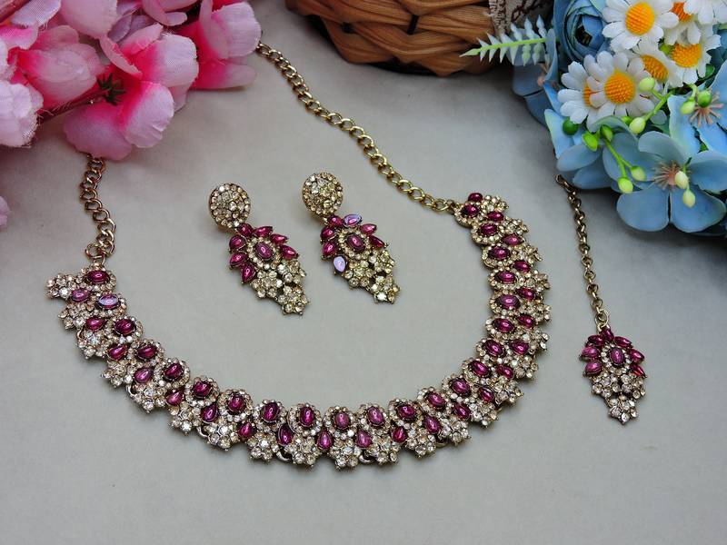 Purple color yellow gold plating festive wear designer necklace set