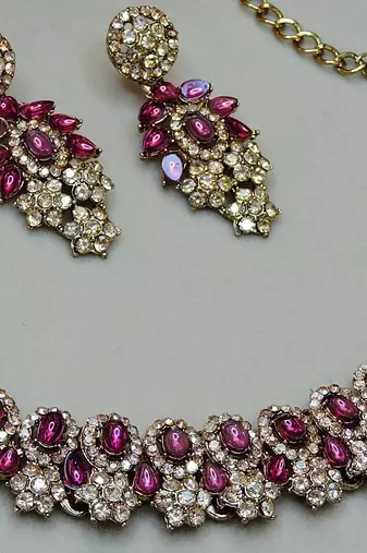 Purple color yellow gold plating festive wear designer necklace set