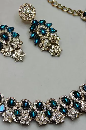 Green color yellow gold plating festive wear designer necklace set