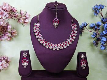 Pink color yellow gold plating festive wear designer necklace set 1