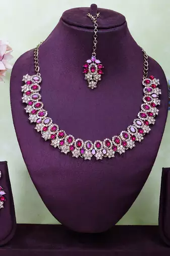 Pink color yellow gold plating festive wear designer necklace set