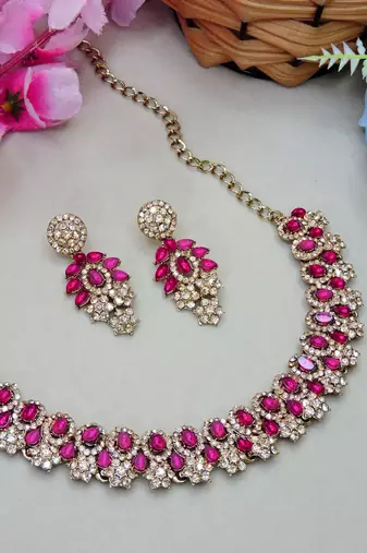 Pink color yellow gold plating festive wear designer necklace set