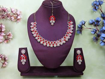 Red color yellow gold plating festive wear designer necklace set 1