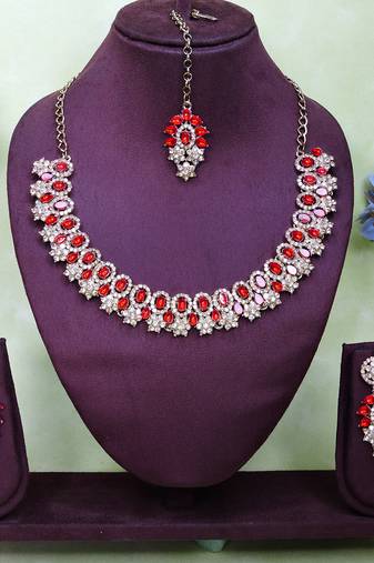 Red color yellow gold plating festive wear designer necklace set