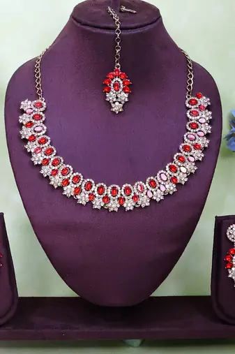 Red color yellow gold plating festive wear designer necklace set
