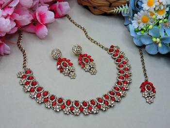 Red color yellow gold plating festive wear designer necklace set 2