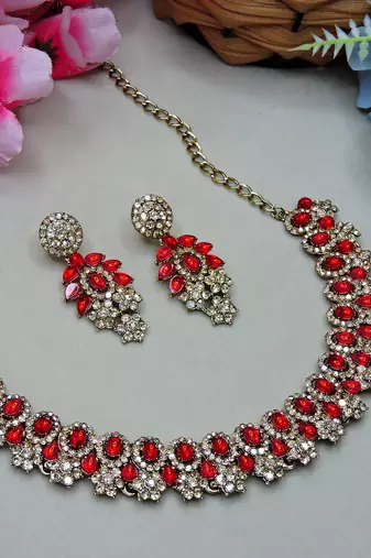 Red color yellow gold plating festive wear designer necklace set