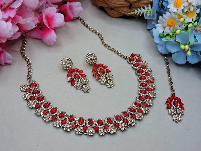 Red color yellow gold plating festive wear designer necklace set