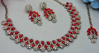 Red color yellow gold plating festive wear designer necklace set 3