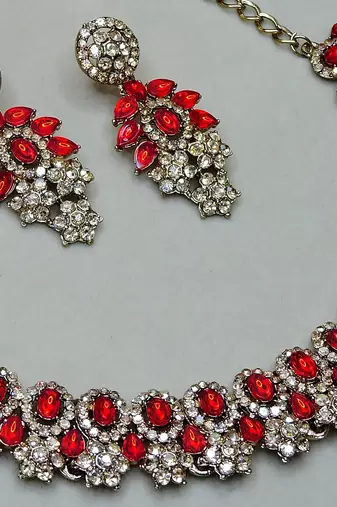Red color yellow gold plating festive wear designer necklace set