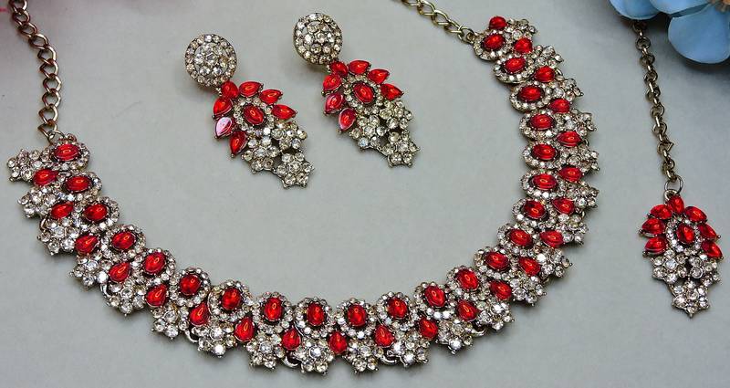 Red color yellow gold plating festive wear designer necklace set