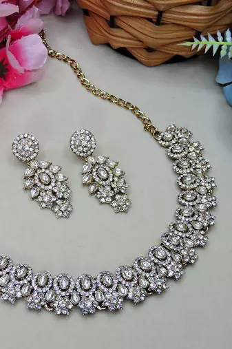 White color yellow gold plating festive wear designer necklace set