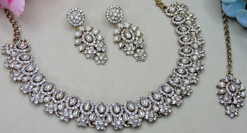 White color yellow gold plating festive wear designer necklace set