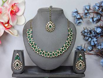 Green color yellow gold plating festive wear designer necklace set 1