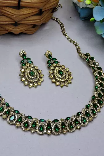 Green color yellow gold plating festive wear designer necklace set