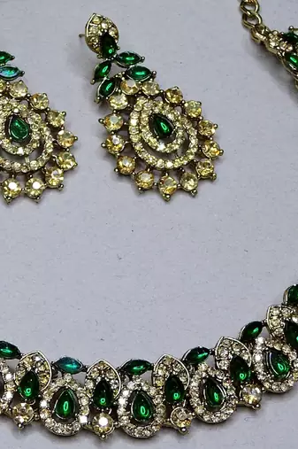 Green color yellow gold plating festive wear designer necklace set