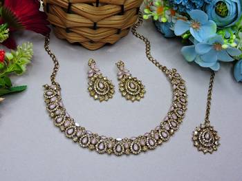 Pink color yellow gold plating festive wear designer necklace set 1