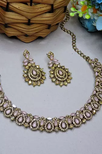 Pink color yellow gold plating festive wear designer necklace set